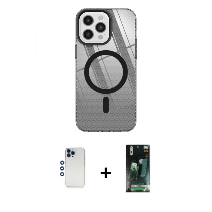 MARSİLYAN™- iPhone 12 Pro Max Kılıf Doruk Prime - Siyah 360 Mat Full Body Arka Koruyucu + Shine Kamera Lens - LT