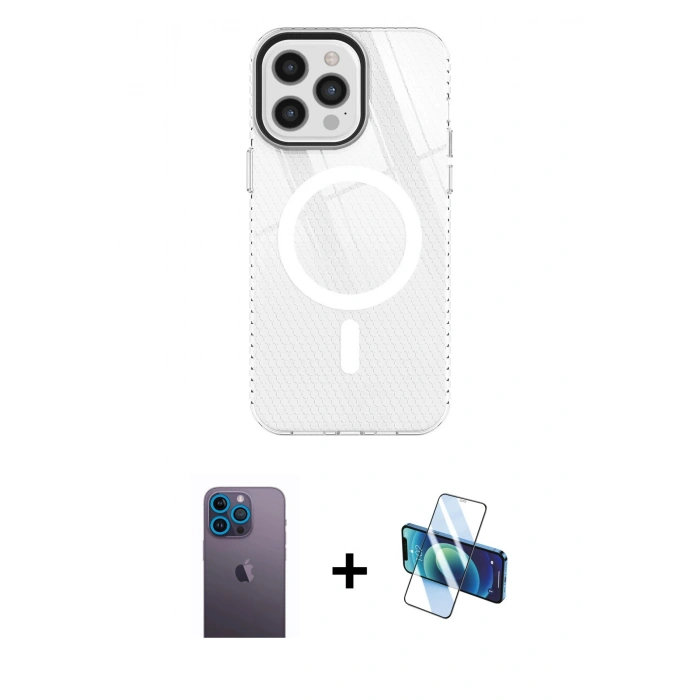 MARSİLYAN™- iPhone 12 Pro Max Kılıf Doruk Prime - Siyah 3D Antistatik Cam Ekran Koruyucu + Neon Fosforlu Kamera Lens - MI