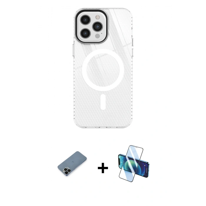 MARSİLYAN™- iPhone 12 Pro Max Kılıf Doruk Prime - Siyah 3D Antistatik Cam Ekran Koruyucu + Shine Kamera Lens Koruma Cam - SH