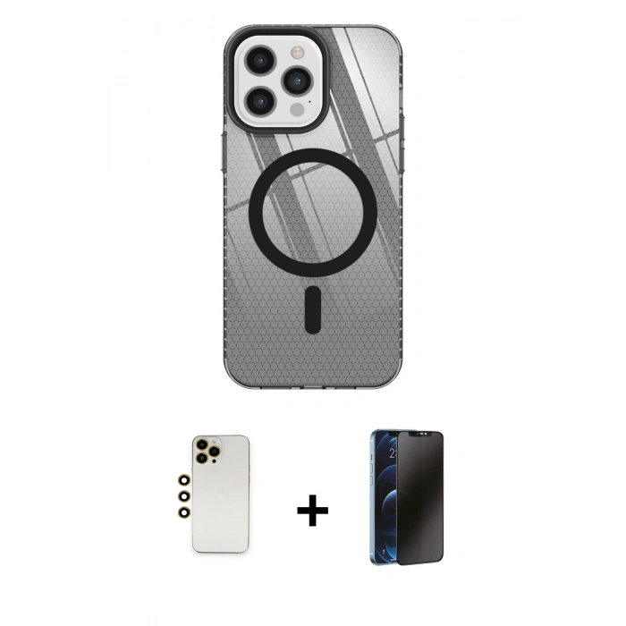 MARSİLYAN™- iPhone 12 Pro Max Kılıf Doruk Prime - Siyah 3D Antistatik Hayalet Cam Ekran Koruyucu + Shine Kamera Lens - GD