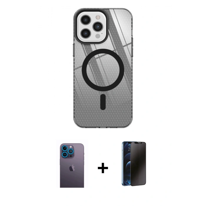 MARSİLYAN™- iPhone 12 Pro Max Kılıf Doruk Prime - Siyah 3D Antistatik Hayalet Cam Ekran Koruyucu + Neon Fosforlu Kamera Lens - MI