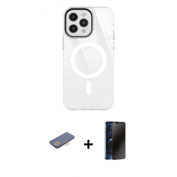 MARSİLYAN™- iPhone 12 Pro Max Kılıf Doruk Prime - Siyah 3D Antistatik Hayalet Cam Ekran Koruyucu + Renkli Kamera Lens Koruma Cam - PE