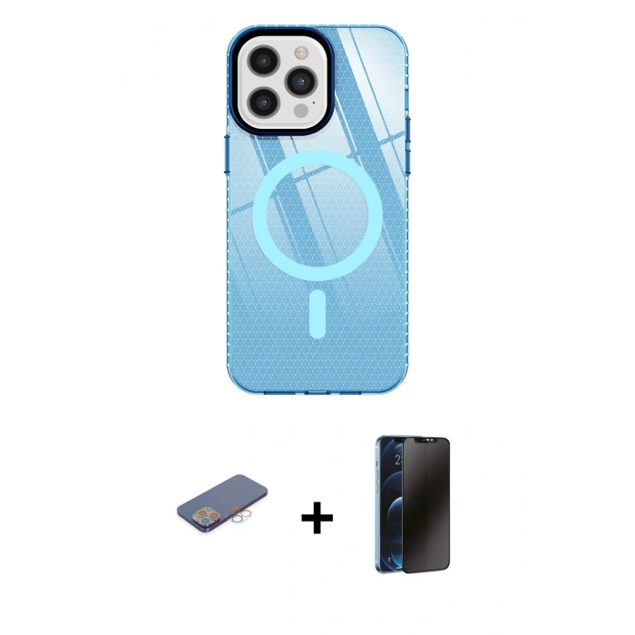 MARSİLYAN™- iPhone 12 Pro Max Kılıf Doruk Prime - Siyah 3D Antistatik Hayalet Cam Ekran Koruyucu + Renkli Kamera Lens Koruma Cam - PE