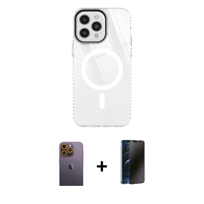 MARSİLYAN™- iPhone 12 Pro Max Kılıf Doruk Prime - Siyah 3D Antistatik Hayalet Cam Ekran Koruyucu + Neon Fosforlu Kamera Lens - SI