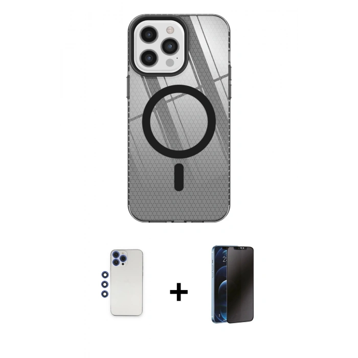 MARSİLYAN™- iPhone 12 Pro Max Kılıf Doruk Prime - Siyah 3D Antistatik Hayalet Cam Ekran Koruyucu + Shine Kamera Lens - LT