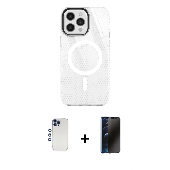 MARSİLYAN™- iPhone 12 Pro Max Kılıf Doruk Prime - Siyah 3D Antistatik Hayalet Cam Ekran Koruyucu + Shine Kamera Lens - LT