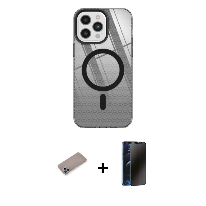 MARSİLYAN™- iPhone 12 Pro Max Kılıf Doruk Prime - Siyah 3D Antistatik Hayalet Cam Ekran Koruyucu + Shine Kamera Lens Koruma Cam - SABE