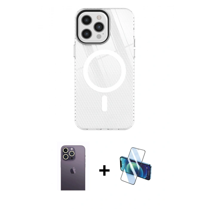 MARSİLYAN™- iPhone 12 Pro Max Kılıf Doruk Prime - Siyah 3D Antistatik Seramik Nano Ekran Koruyucu + Neon Fosforlu Kamera Lens - BZ