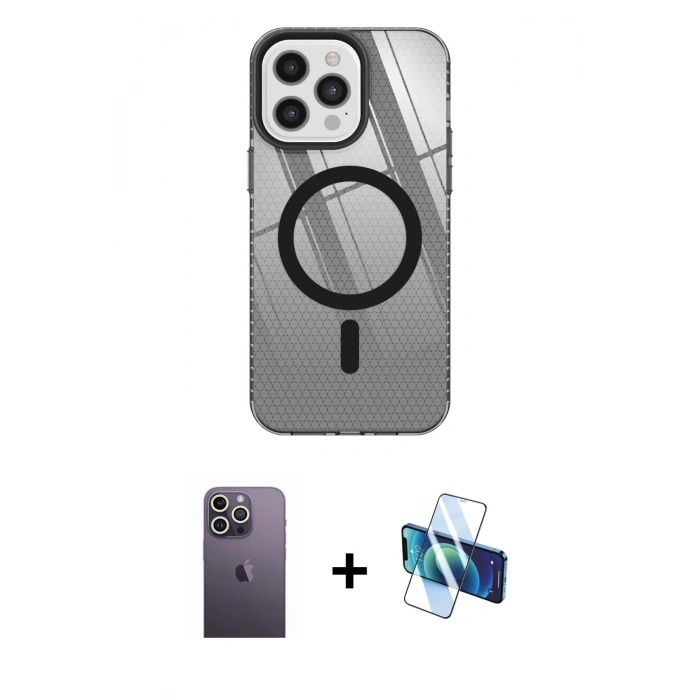 MARSİLYAN™- iPhone 12 Pro Max Kılıf Doruk Prime - Siyah 3D Antistatik Seramik Nano Ekran Koruyucu + Neon Fosforlu Kamera Lens - BZ