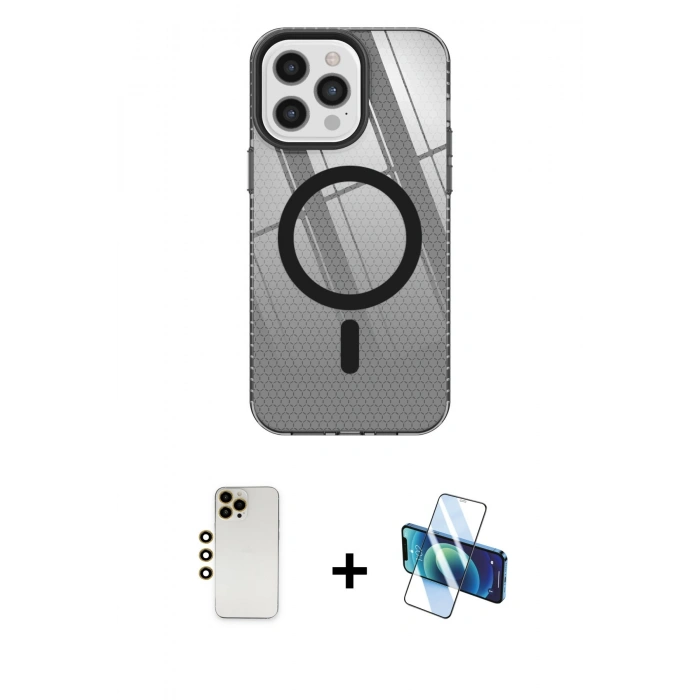 MARSİLYAN™- iPhone 12 Pro Max Kılıf Doruk Prime - Siyah 3D Antistatik Seramik Nano Ekran Koruyucu + Shine Kamera Lens - GD