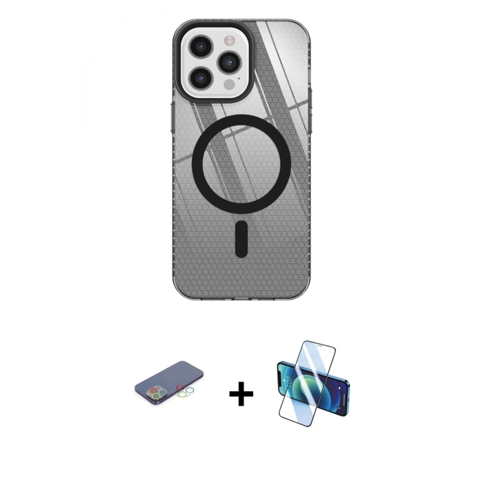 MARSİLYAN™- iPhone 12 Pro Max Kılıf Doruk Prime - Siyah 3D Antistatik Seramik Nano Ekran Koruyucu + Renkli Kamera Lens Koruma Cam - MI