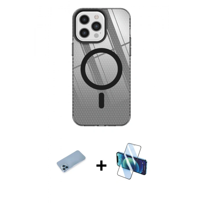 MARSİLYAN™- iPhone 12 Pro Max Kılıf Doruk Prime - Siyah 3D Antistatik Seramik Nano Ekran Koruyucu + Shine Kamera Lens Koruma Cam - MI