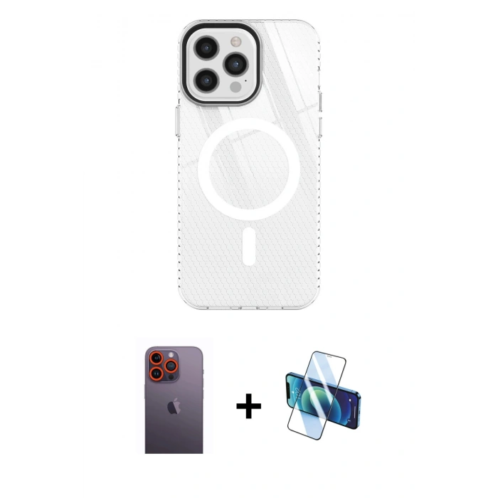 MARSİLYAN™- iPhone 12 Pro Max Kılıf Doruk Prime - Siyah 3D Antistatik Seramik Nano Ekran Koruyucu + Neon Fosforlu Kamera Lens - TU