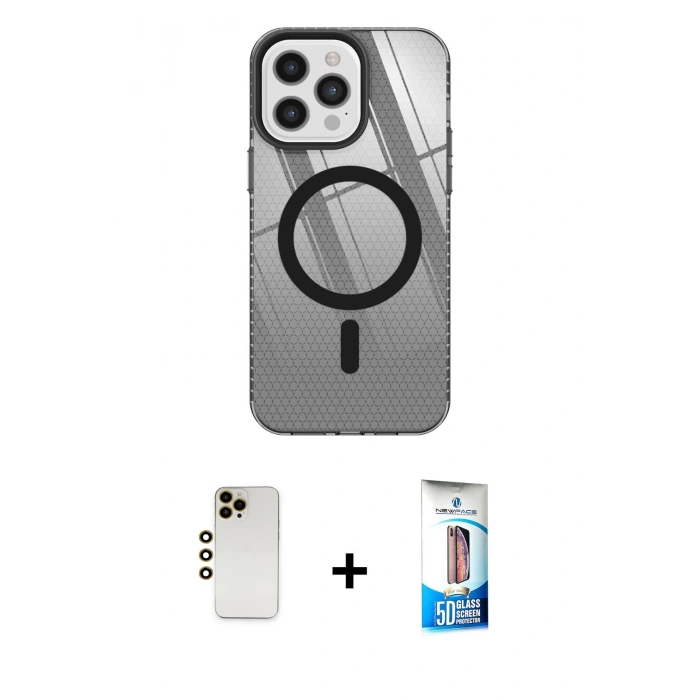 MARSİLYAN™- iPhone 12 Pro Max Kılıf Doruk Prime - Siyah 5D Eko Cam Ekran Koruyucu + Shine Kamera Lens - GD
