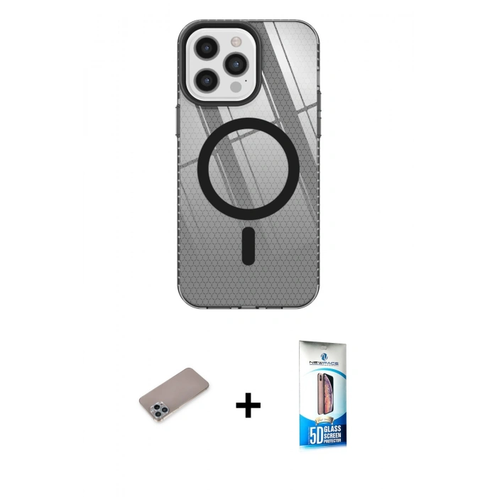 MARSİLYAN™- iPhone 12 Pro Max Kılıf Doruk Prime - Siyah 5D Eko Cam Ekran Koruyucu + Shine Kamera Lens Koruma Cam - SABE