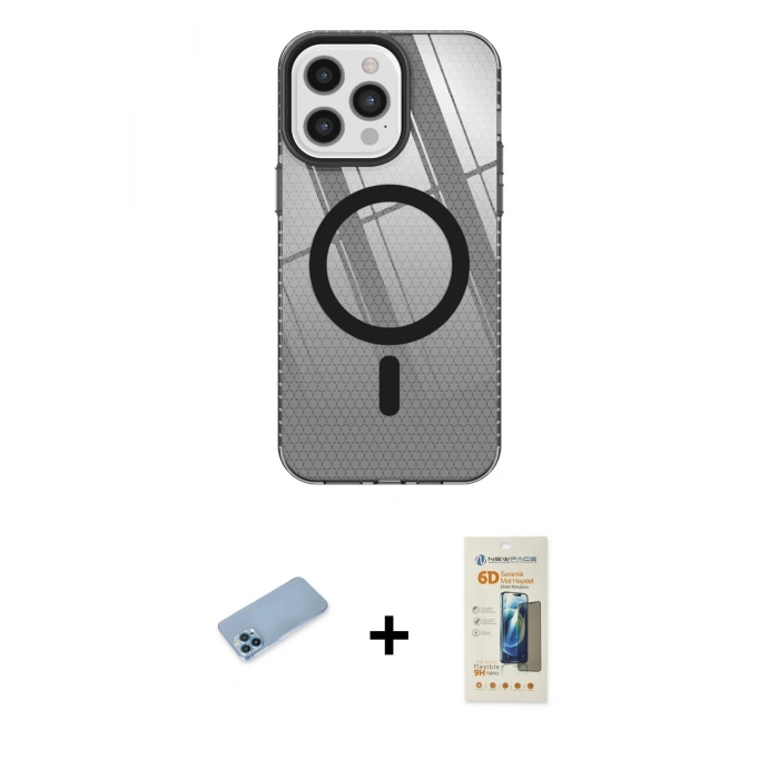 MARSİLYAN™- iPhone 12 Pro Max Kılıf Doruk Prime - Siyah 6D Mat Seramik Hayalet Nano Ekran Koruyucu + Shine Kamera Lens Koruma Cam - MI
