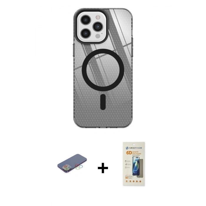 MARSİLYAN™- iPhone 12 Pro Max Kılıf Doruk Prime - Siyah 6D Mat Seramik Hayalet Nano Ekran Koruyucu + Renkli Kamera Lens Koruma Cam - MI