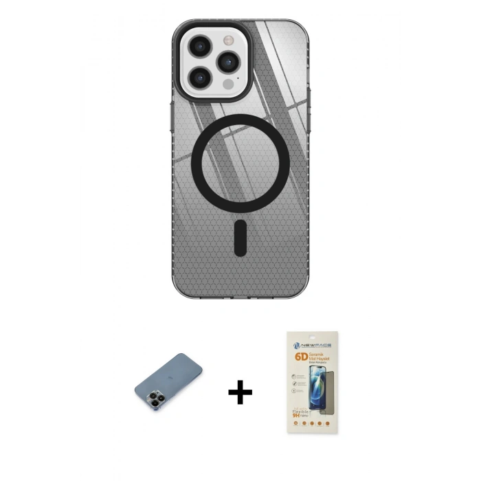 MARSİLYAN™- iPhone 12 Pro Max Kılıf Doruk Prime - Siyah 6D Mat Seramik Hayalet Nano Ekran Koruyucu + Shine Kamera Lens Koruma Cam - SH