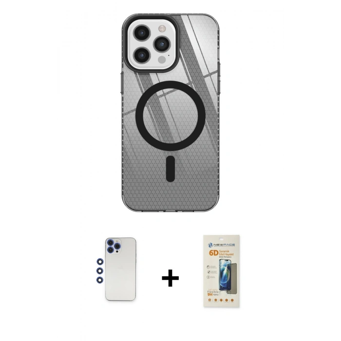MARSİLYAN™- iPhone 12 Pro Max Kılıf Doruk Prime - Siyah 6D Mat Seramik Hayalet Nano Ekran Koruyucu + Shine Kamera Lens - LT