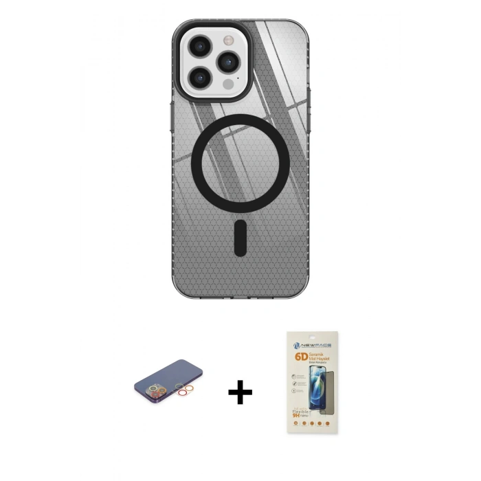 MARSİLYAN™- iPhone 12 Pro Max Kılıf Doruk Prime - Siyah 6D Mat Seramik Hayalet Nano Ekran Koruyucu + Renkli Kamera Lens Koruma Cam - TU