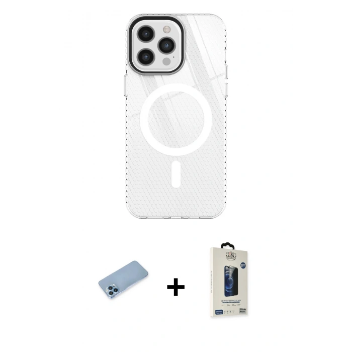 MARSİLYAN™- iPhone 12 Pro Max Kılıf Doruk Prime - Siyah Bilvis Hayalet Cam Ekran Koruyucu + Shine Kamera Lens Koruma Cam - MI