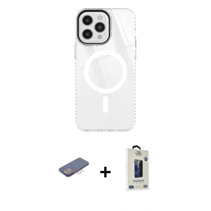 MARSİLYAN™- iPhone 12 Pro Max Kılıf Doruk Prime - Siyah Bilvis Hayalet Cam Ekran Koruyucu + Renkli Kamera Lens Koruma Cam - PE