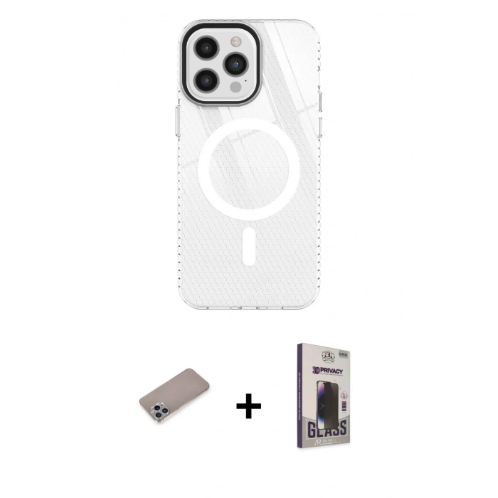 MARSİLYAN™- iPhone 12 Pro Max Kılıf Doruk Prime - Siyah Bilvis Hayalet Cam Ekran Koruyucu + Shine Kamera Lens Koruma Cam - SABE
