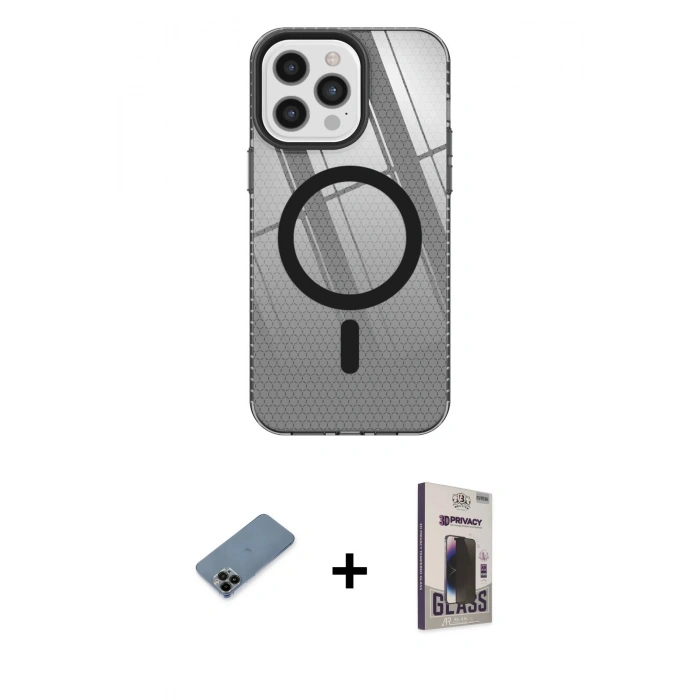MARSİLYAN™- iPhone 12 Pro Max Kılıf Doruk Prime - Siyah Bilvis Hayalet Cam Ekran Koruyucu + Shine Kamera Lens Koruma Cam - SH