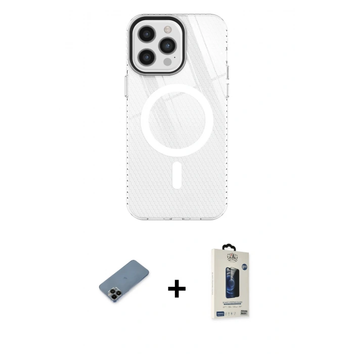 MARSİLYAN™- iPhone 12 Pro Max Kılıf Doruk Prime - Siyah Bilvis Hayalet Cam Ekran Koruyucu + Shine Kamera Lens Koruma Cam - SH