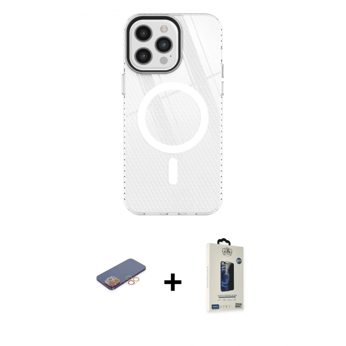 MARSİLYAN™- iPhone 12 Pro Max Kılıf Doruk Prime - Siyah Bilvis Hayalet Cam Ekran Koruyucu + Renkli Kamera Lens Koruma Cam - TU