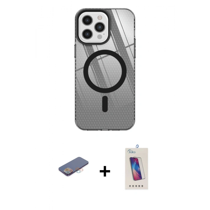 MARSİLYAN™- iPhone 12 Pro Max Kılıf Doruk Prime - Siyah Joko 5D Cam + Renkli Kamera Lens Koruma Cam - PE