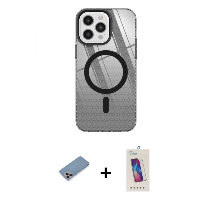 MARSİLYAN™- iPhone 12 Pro Max Kılıf Doruk Prime - Siyah Joko 5D Cam + Shine Kamera Lens Koruma Cam - PE