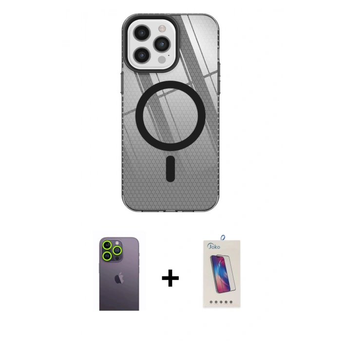 MARSİLYAN™- iPhone 12 Pro Max Kılıf Doruk Prime - Siyah Joko 5D Cam + Neon Fosforlu Kamera Lens - YL