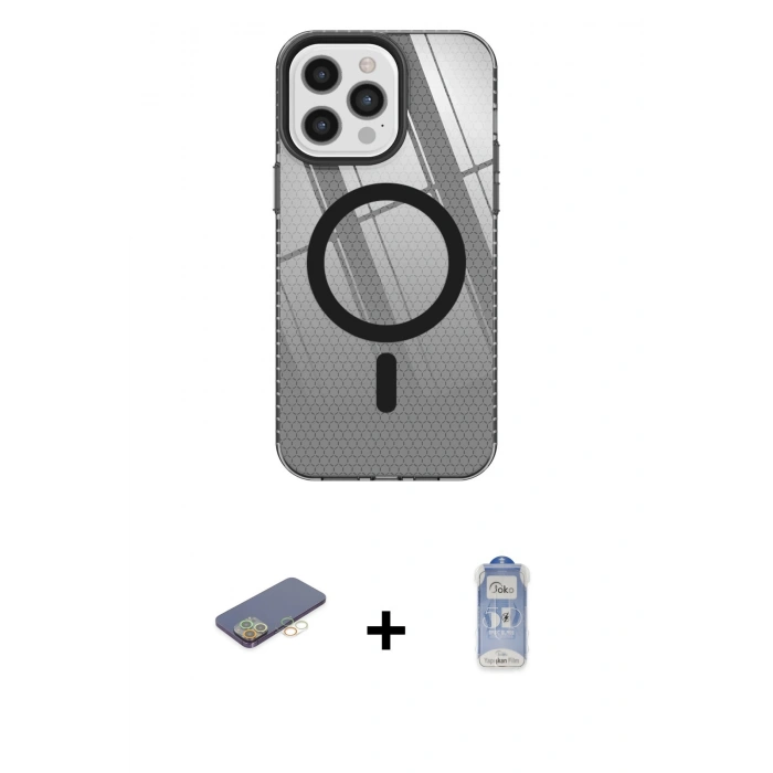 MARSİLYAN™- iPhone 12 Pro Max Kılıf Doruk Prime - Siyah Joko Magic 5D Cam + Renkli Kamera Lens Koruma Cam - SI