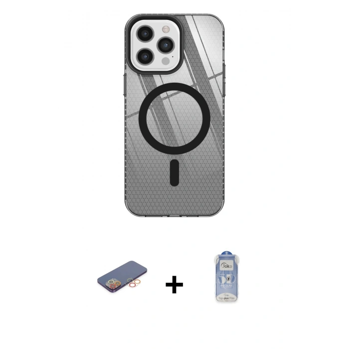 MARSİLYAN™- iPhone 12 Pro Max Kılıf Doruk Prime - Siyah Joko Magic 5D Cam + Renkli Kamera Lens Koruma Cam - TU