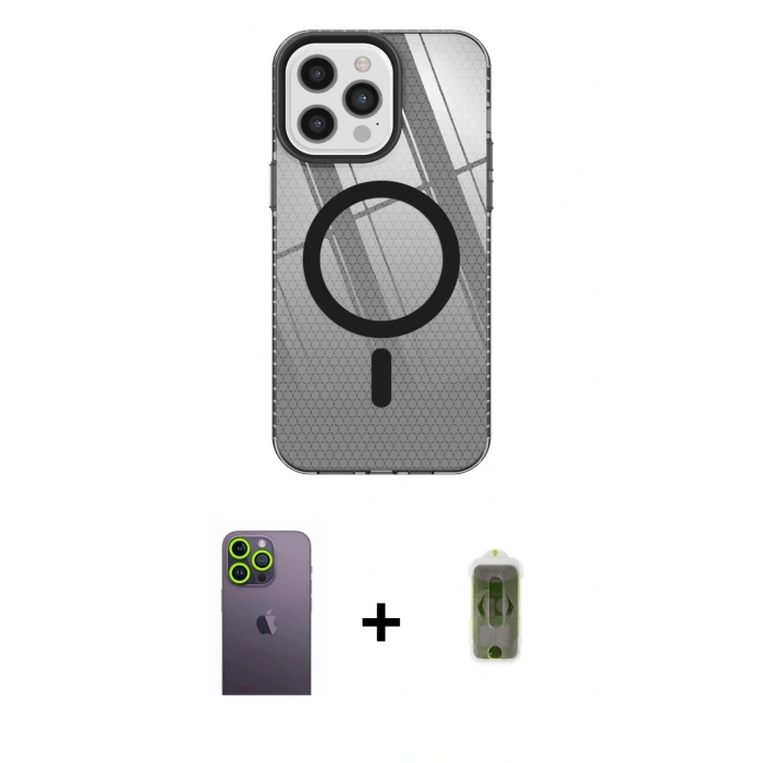 MARSİLYAN™- iPhone 12 Pro Max Kılıf Doruk Prime - Siyah Joko Magic 5D Hayalet Cam + Neon Fosforlu Kamera Lens - YL