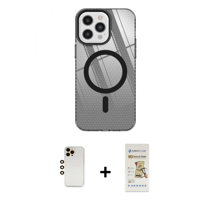 MARSİLYAN™- iPhone 12 Pro Max Kılıf Doruk Prime - Siyah Mat Seramik Nano Ekran Koruyucu + Shine Kamera Lens - GD