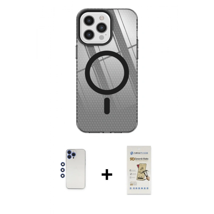 MARSİLYAN™- iPhone 12 Pro Max Kılıf Doruk Prime - Siyah Mat Seramik Nano Ekran Koruyucu + Shine Kamera Lens - LT