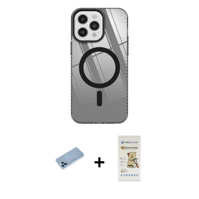 MARSİLYAN™- iPhone 12 Pro Max Kılıf Doruk Prime - Siyah Mat Seramik Nano Ekran Koruyucu + Shine Kamera Lens Koruma Cam - MI