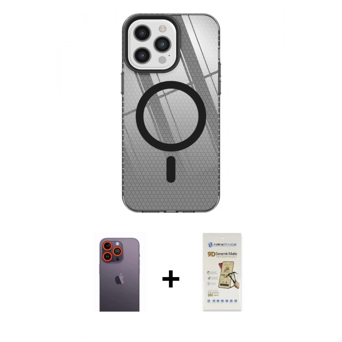 MARSİLYAN™- iPhone 12 Pro Max Kılıf Doruk Prime - Siyah Mat Seramik Nano Ekran Koruyucu + Neon Fosforlu Kamera Lens - TU