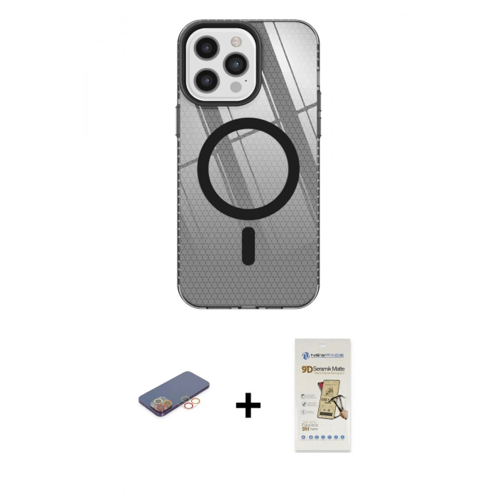 MARSİLYAN™- iPhone 12 Pro Max Kılıf Doruk Prime - Siyah Mat Seramik Nano Ekran Koruyucu + Renkli Kamera Lens Koruma Cam - TU