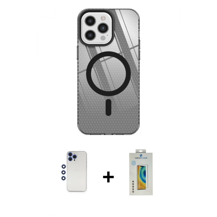 MARSİLYAN™- iPhone 12 Pro Max Kılıf Doruk Prime - Siyah Polymer Nano Ekran Koruyucu + Shine Kamera Lens - LT
