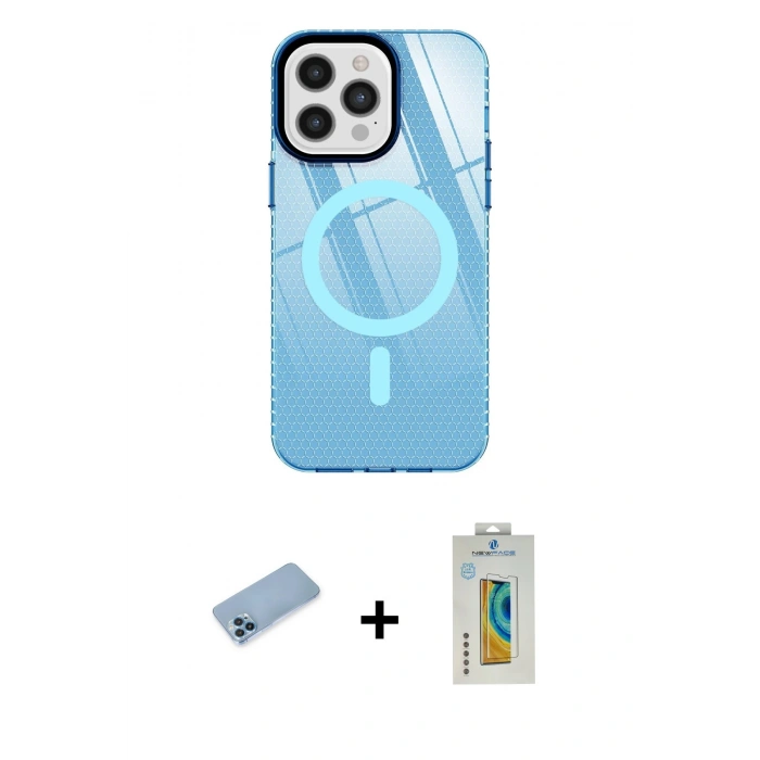 MARSİLYAN™- iPhone 12 Pro Max Kılıf Doruk Prime - Siyah Polymer Nano Ekran Koruyucu + Mavi Shine Kamera Lens Koruma Cam