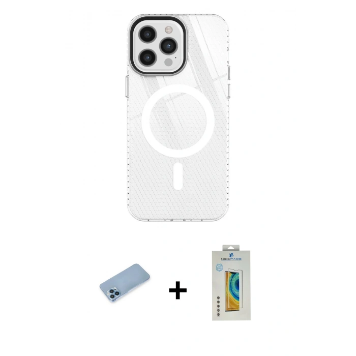 MARSİLYAN™- iPhone 12 Pro Max Kılıf Doruk Prime - Siyah Polymer Nano Ekran Koruyucu + Mavi Shine Kamera Lens Koruma Cam
