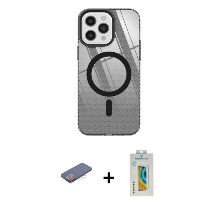 MARSİLYAN™- iPhone 12 Pro Max Kılıf Doruk Prime - Siyah Polymer Nano Ekran Koruyucu + Renkli Kamera Lens Koruma Cam - PE