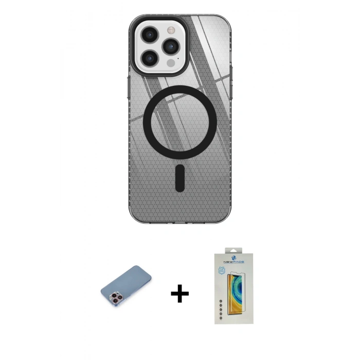 MARSİLYAN™- iPhone 12 Pro Max Kılıf Doruk Prime - Siyah Polymer Nano Ekran Koruyucu + Shine Kamera Lens Koruma Cam - PE