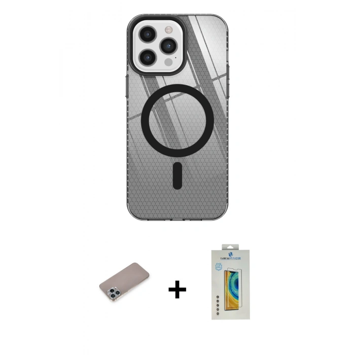 MARSİLYAN™- iPhone 12 Pro Max Kılıf Doruk Prime - Siyah Polymer Nano Ekran Koruyucu + Shine Kamera Lens Koruma Cam - SABE
