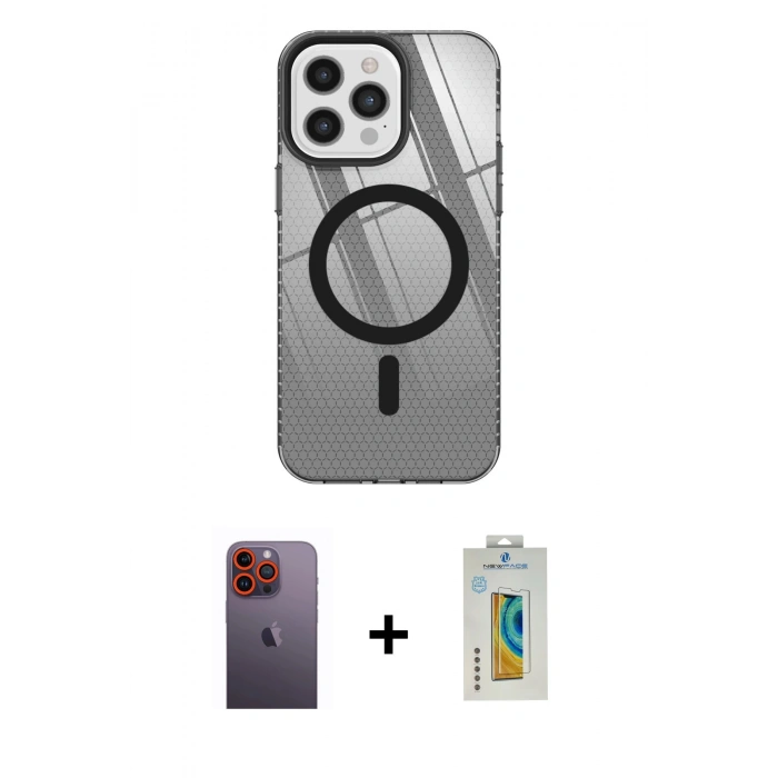 MARSİLYAN™- iPhone 12 Pro Max Kılıf Doruk Prime - Siyah Polymer Nano Ekran Koruyucu + Neon Fosforlu Kamera Lens - TU