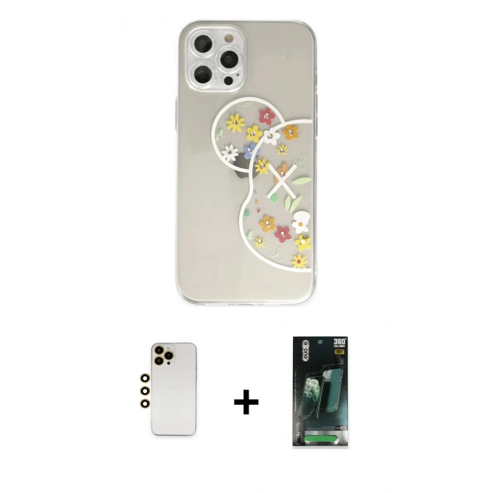 MARSİLYAN™- iPhone 12 Pro Max Kılıf Eksen Asil Prime - Şeffaf 360 Full Body Arka Koruyucu + Shine Kamera Lens - GD