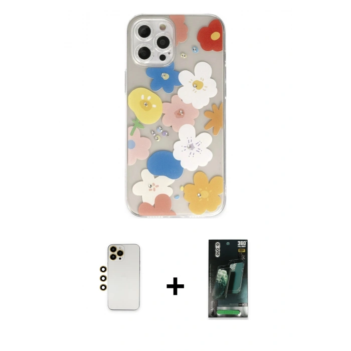 MARSİLYAN™- iPhone 12 Pro Max Kılıf Eksen Asil Prime - Şeffaf 360 Full Body Arka Koruyucu + Shine Kamera Lens - GD